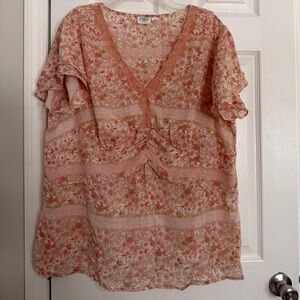 NWOT Cato Pink Floral Chiffon Lace Ruffle Flutter Sleeve V-Neck Blouse 22/24W